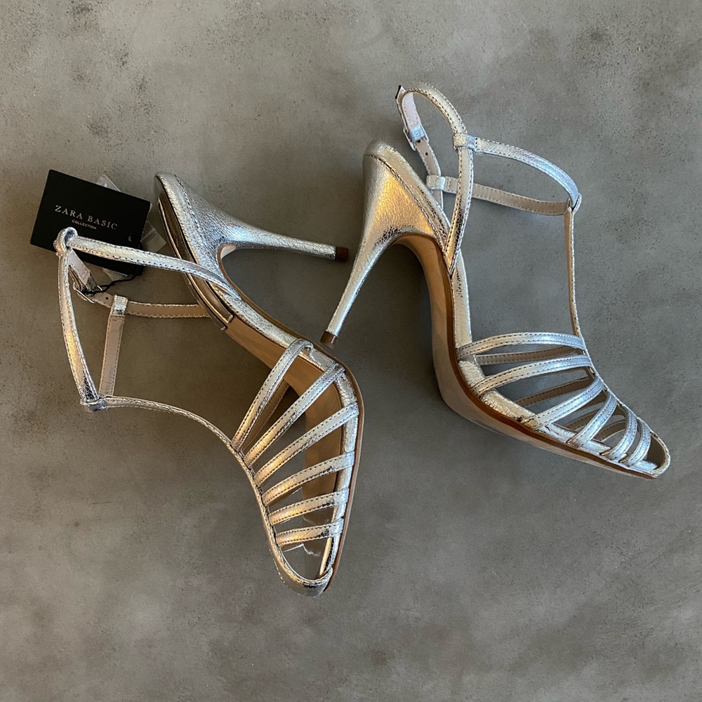 Zara silver stilettos high heels cage toe heels NWT